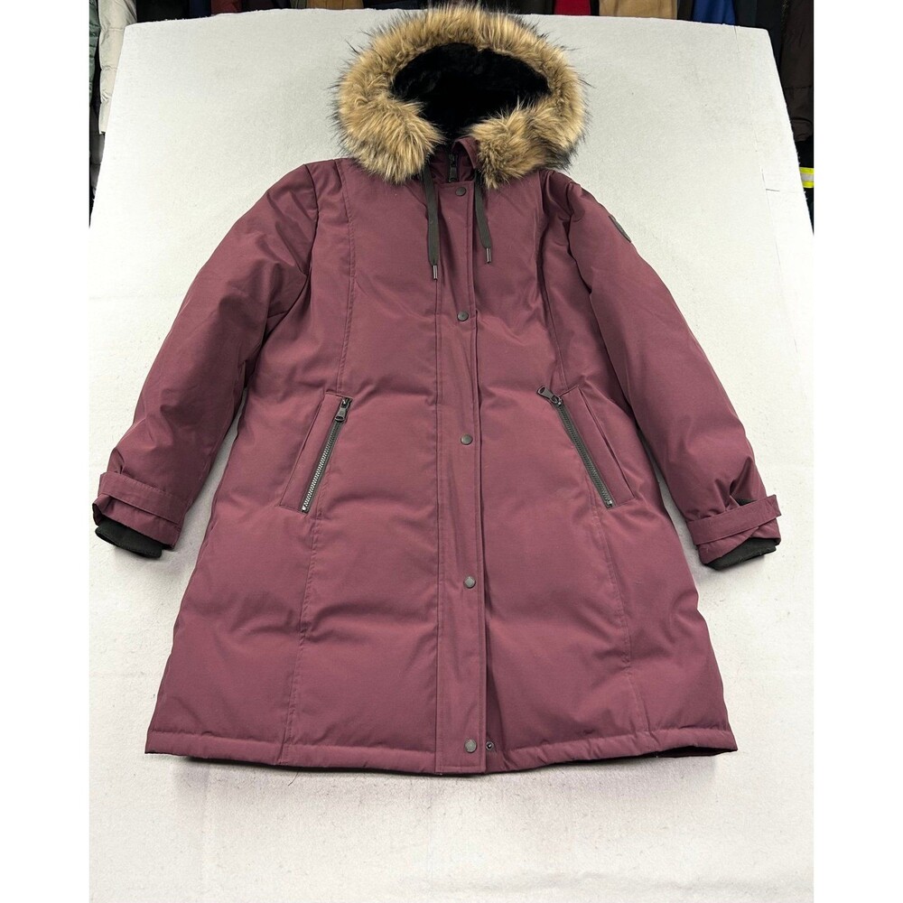 Vince Camuto Women's Burgundy Hooded Parka with Faux Fur Trim